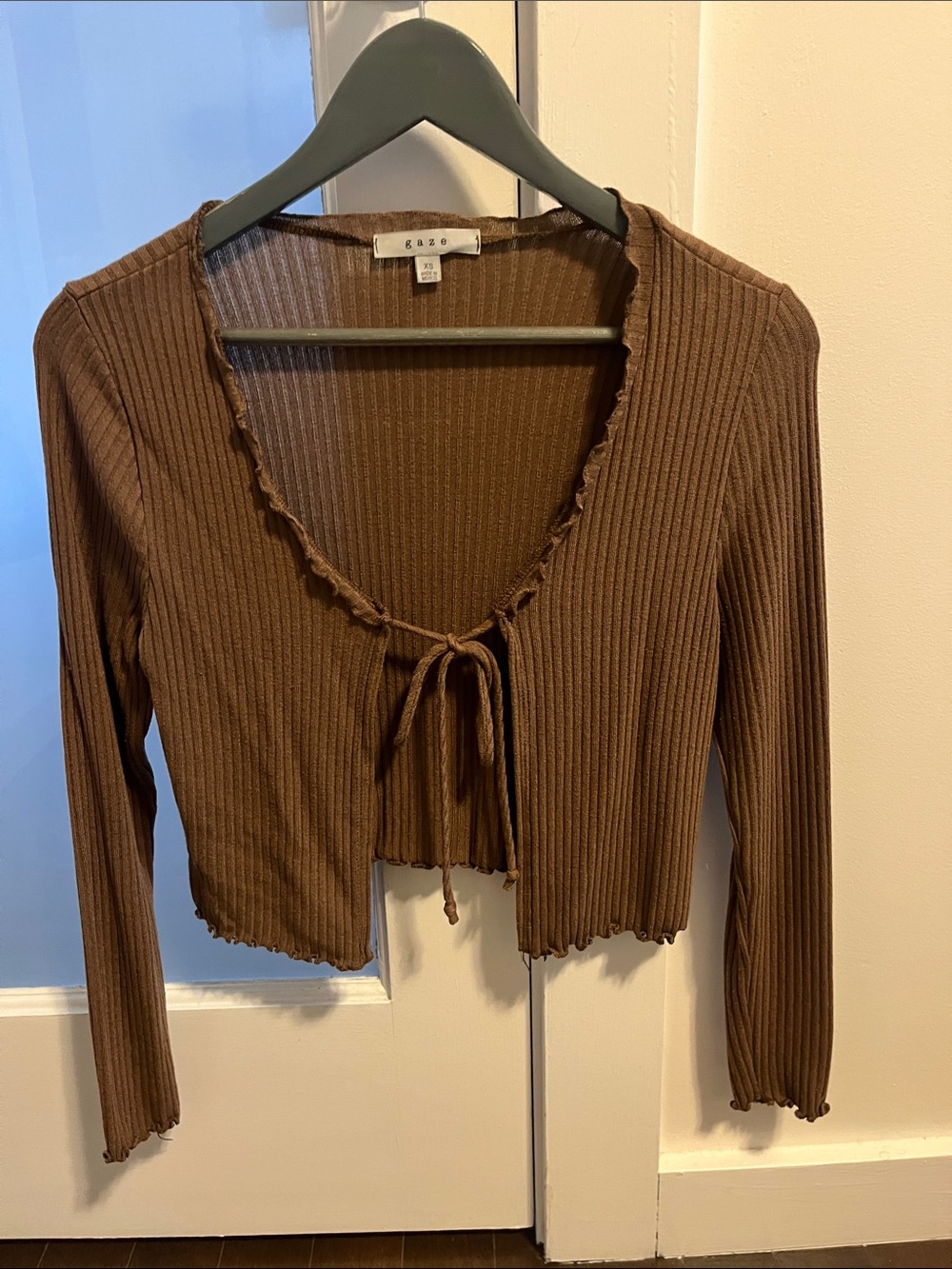gaze Brown Ribbed Tie-Front Long Sleeve Crop Cardigan